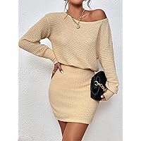 TLULY Dress for Women Batwing Sleeve Bodycon Dress (Color : Apricot, Size : Large)