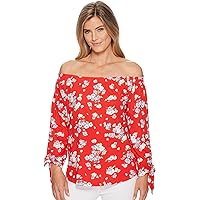 Women's Floral Jersey Off The Shoulder Top Red Multi Small