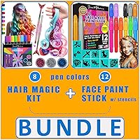 Jim&Gloria Dustless Hair Chalk Include Hair Extensions, Mermaid Brushes Glitters (Set of 17) Plus Face Paint (12 Colors) include Stencils, Gold and Silver colors