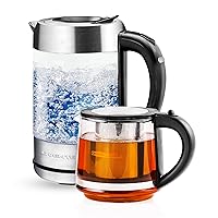 OVENTE Glass Electric Kettle Hot Water Boiler 1.7 Liter ProntoFill Tech w/ Stainless Steel Filter - 1500W BPA Free Water Heater Kettle for Coffee & Tea Maker - Silver KG612S + Glass Tea Pot Infuser
