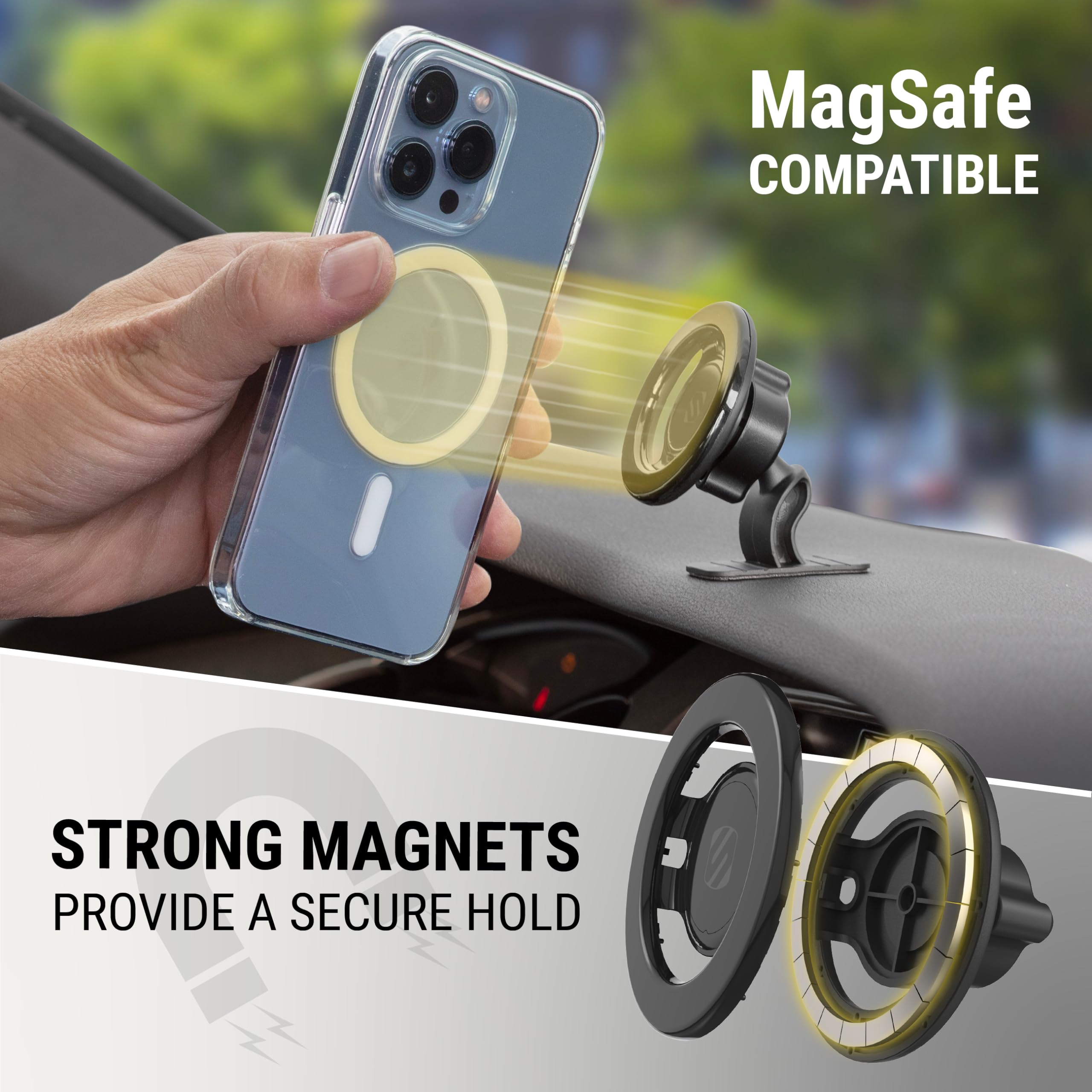 Scosche MagicMount SMSDV-SP Dashboard/Vent Cell Phone Holder, Magnetic Phone Mount for MagSafe Mobile Devices, Dash Mount/Vent Mount Compatible w/iPhone 15/14/13/12 Series & MagSafe Accessories