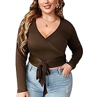 IN'VOLAND Plus Size V Neck Long Sleeve Tops Womens Sexy Wrap Shirts Knot Front Blouses Cross Tie Tunic Top