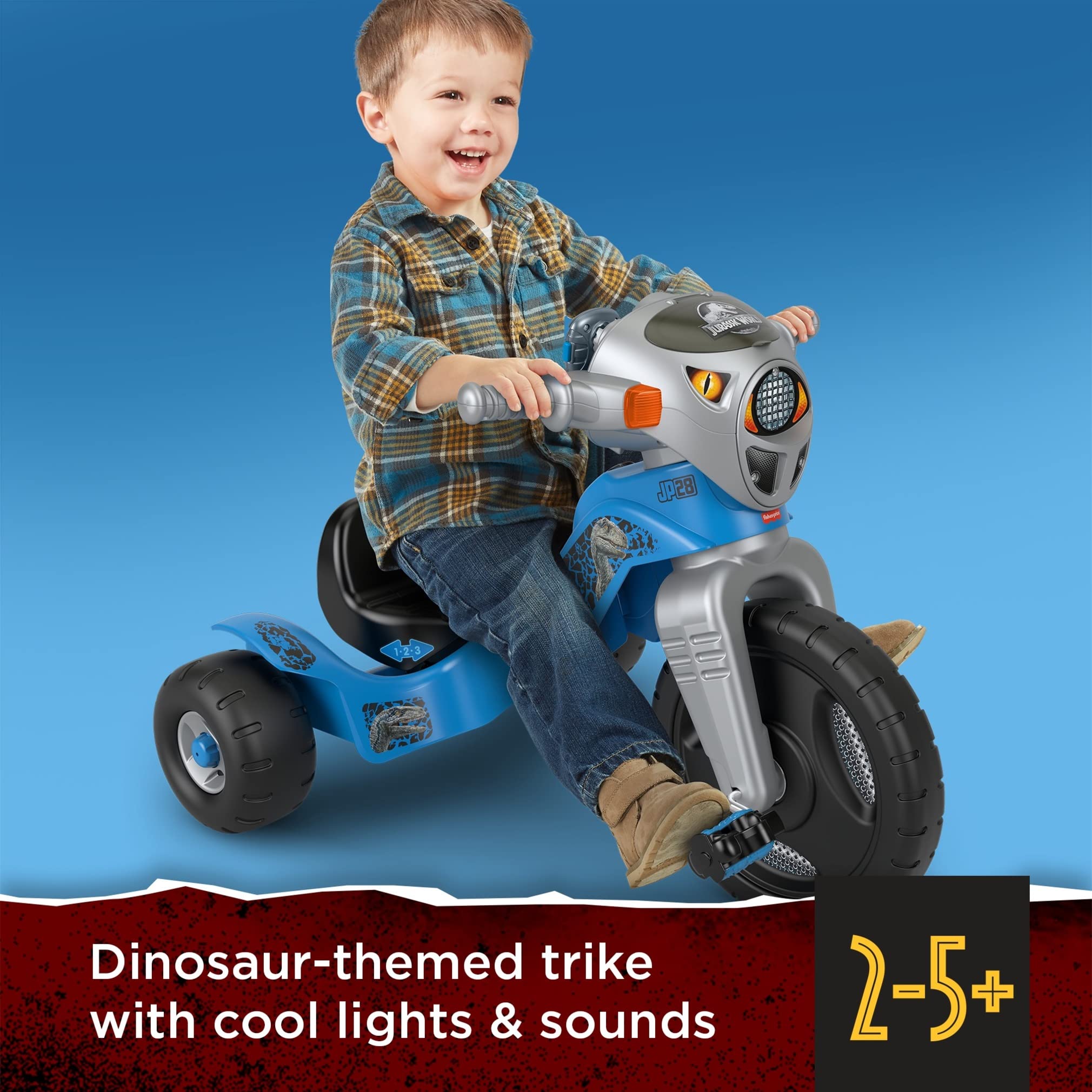 Fisher-Price Jurassic World Toddler Tricycle Lights & Sounds Trike Velociraptor Dinosaur Bike with Handlebar Grips and Storage