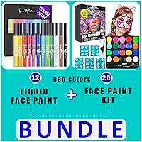 Jim&Gloria Face Paint Brush Pen Set Sweatproof Smudge Proof Water Resistance 12 Colors + Face Painting Kit 20 Colors Includes Stencils, Glow in The Dark & Metallic Colors and Brushes