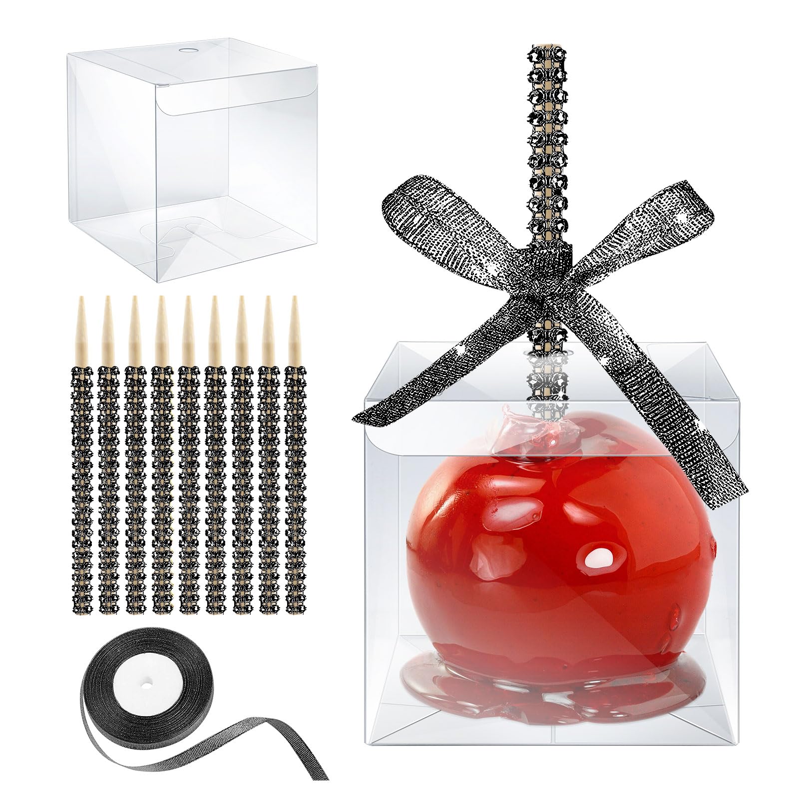MGWOTH Candy Apple Boxes with Bling Stick Hole Set,20 Pack Caramel Apple Wrapping Kit with Clear Containers & Rhinestone Bamboo Skewers & Glitter Ribbons,Top for Cake Pop Chocolate Treat Christmas