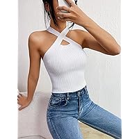 Women's Sweaters Women's Sweaters Fall Solid Crisscross Halter Knit Top Cute Women's Sweaters SupShip (Color : White, Size : X-Small)