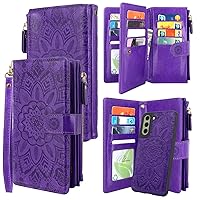 Harryshell Detachable Magnetic Zipper Wallet Leather Case with Cash Coin Pocket 12 Card Slots Holder Wrist Strap Lanyard Compatible with Samsung Galaxy S21 FE 5G (2022) Flower (Purple)