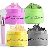 Clay Mask | Clay Face Mask | Premium Pack of 4(400g) | Bonus Headband & Brush | Turmeric Vitamin C Clay Mask For Face, Green Tea, Rose, Dead Sea Mud Mask | Deep Pore Cleansing & Brightening, Spa Gifts