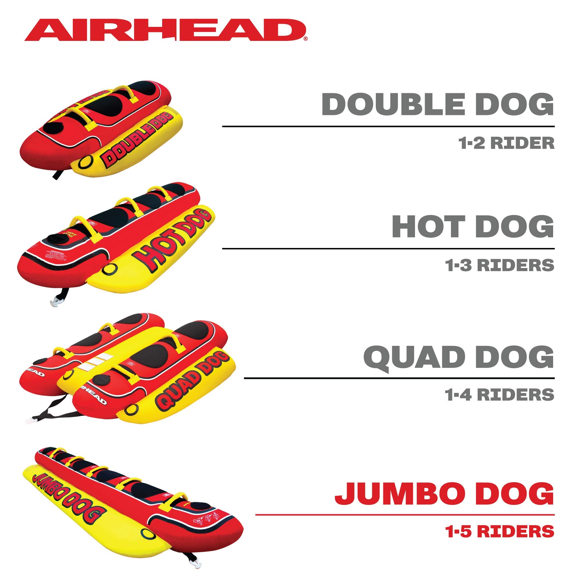 Airhead Hot Dog Towable 1-5 Rider Tube for Boating and Water Sports, Neoprene Seat Pads, Double-Stitched Full Nylon Cover, and Boston Valve for Convenient Inflating & Deflating