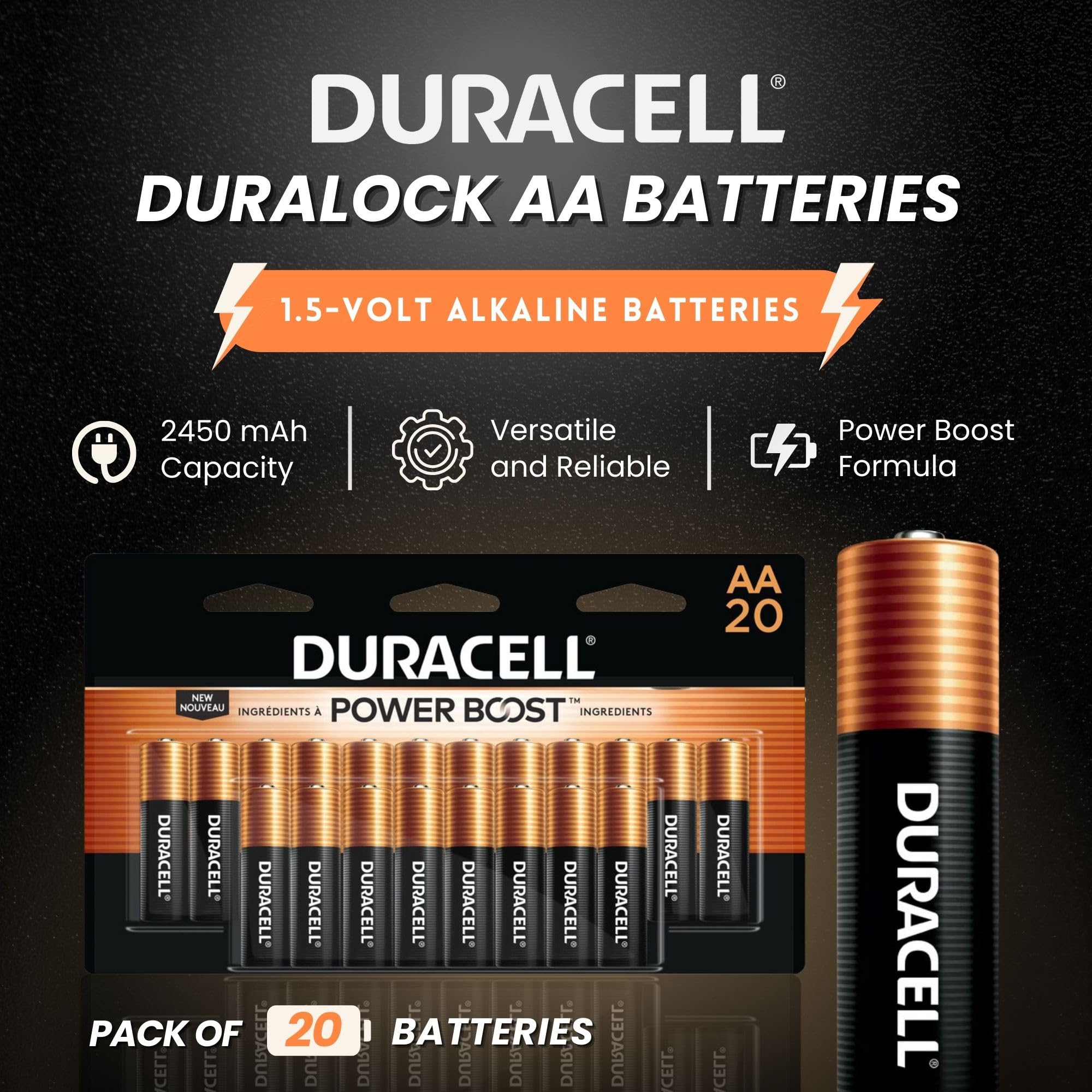 DURACELL Duralock AA 1.5 Volt Alkaline Battery Pack to Charge Items for Exclusive Power in Remotes and Controllers, (5 Packs of 20 Batteries Each)