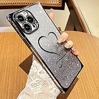 for iPhone 15 Pro Gardient Glitter Case, Plating Cute Heart Bling Sparkly Square Cover for Women Girls Camera Protection Shockproof Protective Phone Case-Black