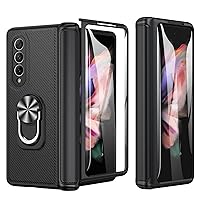 Caka for Z Fold 3 Case, Galaxy Z Fold 3 Case Hinge Protection with Built-in Screen Protector PU Leather Magnetic Kickstand Ring Stand Full Body Case for Samsung Galaxy Z Fold 3 5G- Carbon Fiber