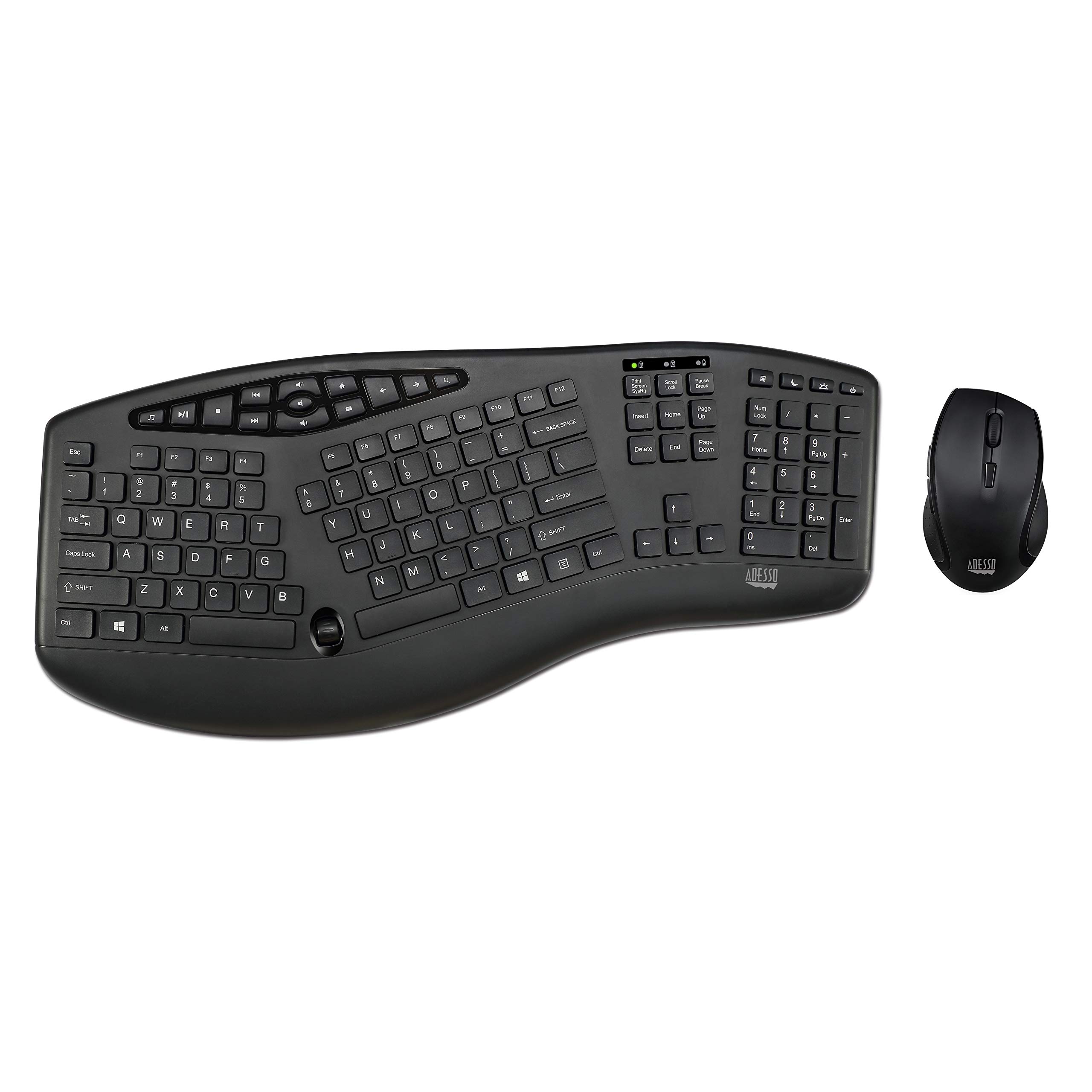 Adesso Truform Media 1600 (WKB-1600CB) 2.4GHz RF Wireless Ergonomic Keyboard and Optical Mouse , Multi-Media Keys and Adjustable DPI Mouse 5 Million Keystrokes Black