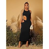 Women's Dress Solid Cut Out Bodycon Dress Women's Dress (Color : Black, Size : X-Small)