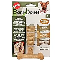 SPOT Bam-Bones Plus T Bone - Bamboo Fiber & Nylon, Durable Long Lasting Dog Chew for Aggressive Chewers – Great Toy forAdult Dogs & Teething Puppies Under 30lbs, Non-Splintering, 4in, Chicken Flavor