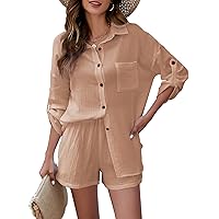 Flygo Women's 2 Piece Outfits Lounge Short Sets Cotton Linen Roll Up Sleeve Button Down Shirt Top Shorts Set