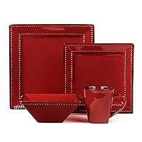 Stylish and Elegant 16 Piece Square Beaded Stoneware Dinnerware set Service for Hosting Parties and Events - Red, 16 Piece, Square Beaded