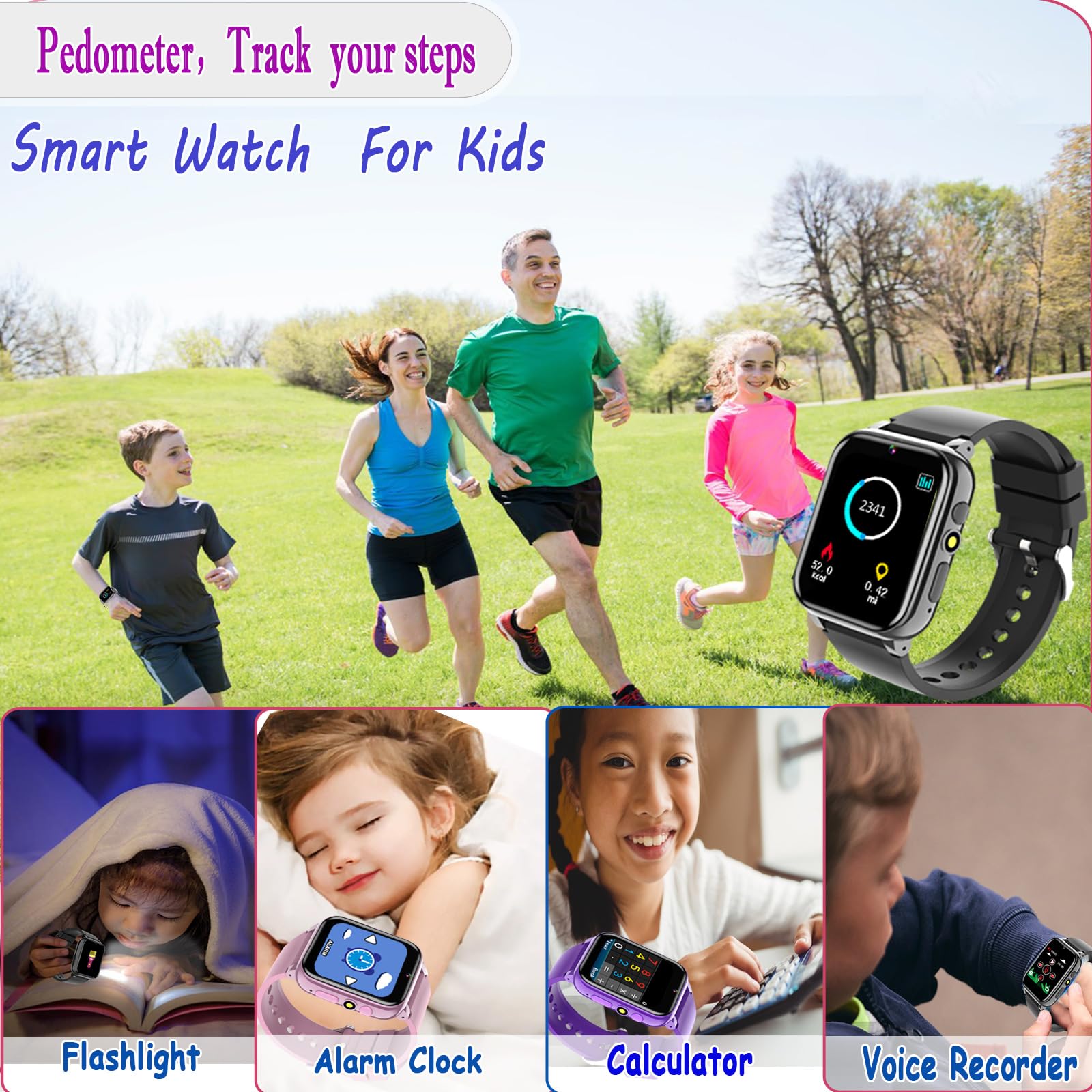iCHOMKE Smart Watch for Kids, Girls Boys Smartwatch with 26 Games Camera Video Recorder and Player, Pedometer Calendar Flashlight, Audio Book etc., Gifts for 4-12 Years Children (Black)