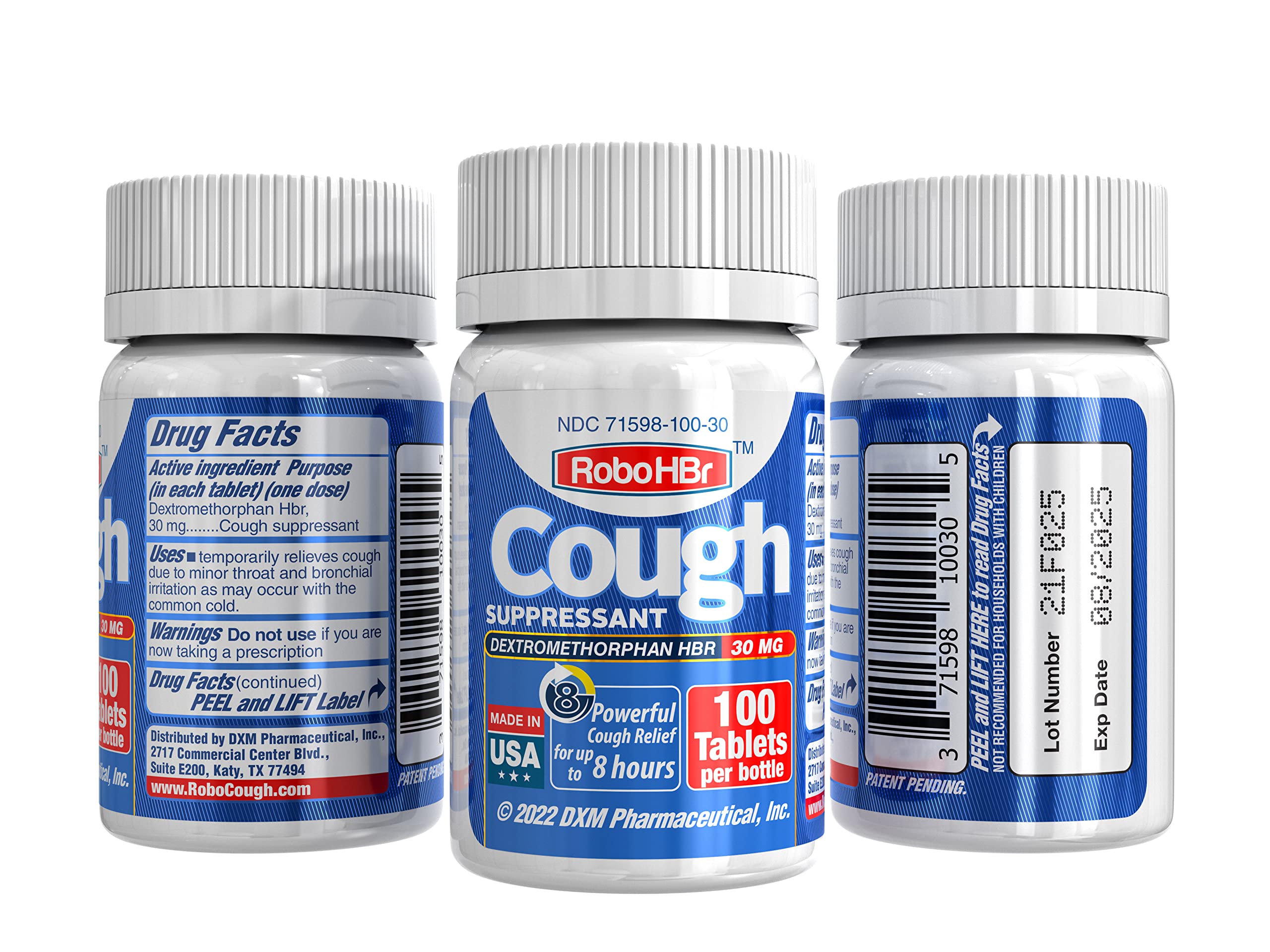 RoboHBr Cough suppressant, Dextromethorphan HBr 30 mg, 100 Tablets, 100 Doses