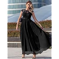Women's Dress Floral Lace Bodice Chiffon Ribbon Waist Maxi Formal Dress Dress for Women (Color : Black, Size : XX-Large)