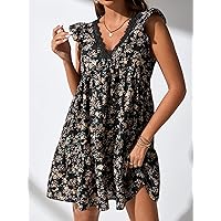 Women's Dress Ditsy Floral Contrast Guipure Lace Ruffle Sleeve Smock Dress Summer Dress (Color : Multicolor, Size : Large)