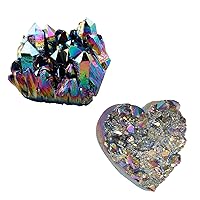 SUNYIK Pack of 2 Rainbow Aura Titanium Coated Crystal Cluster & Rainbow Titanium Coated Heart Shape Crystal Cluster Specimen