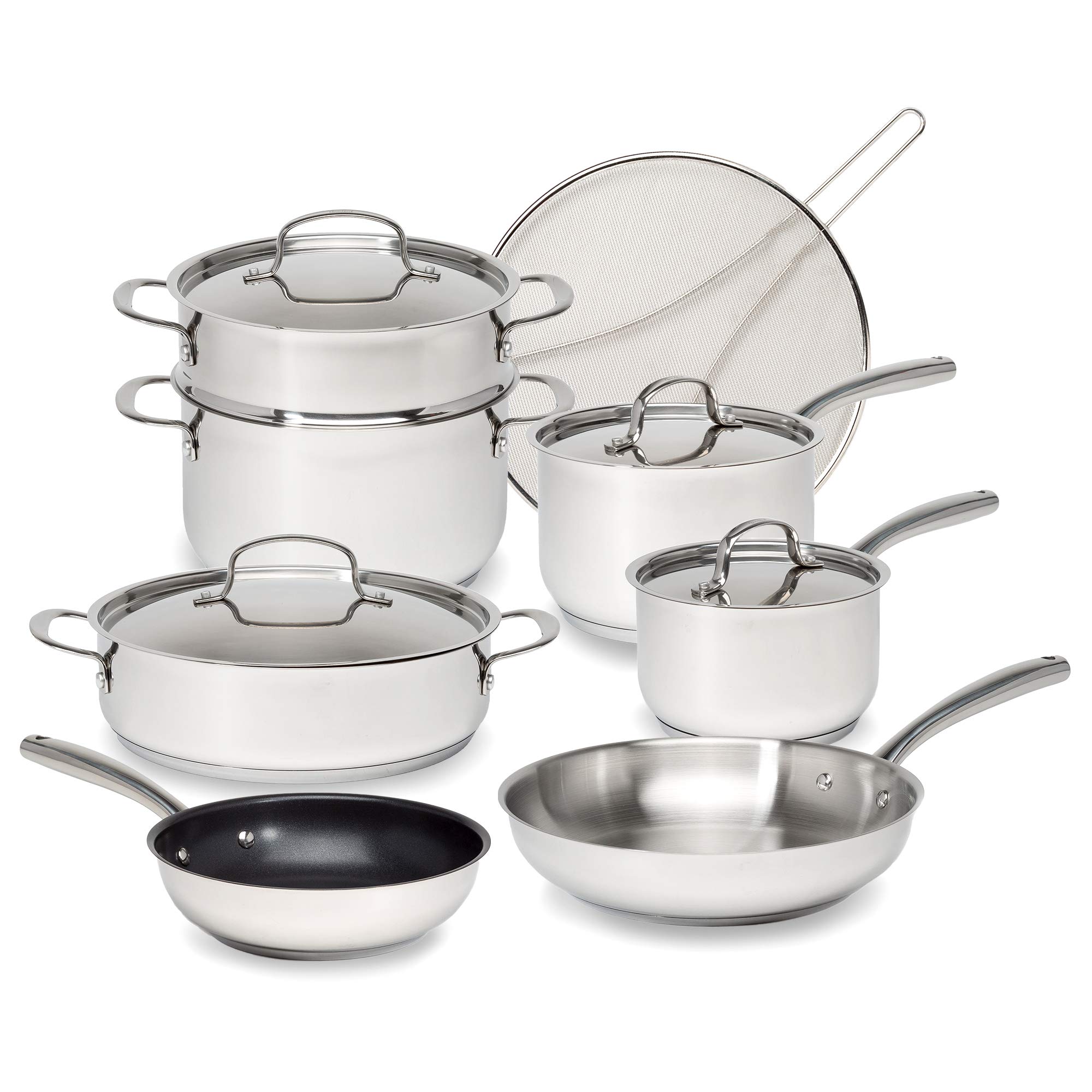 Goodful 12-Piece Classic Stainless Steel Cookware Set with Tri-Ply Base for Even Heating, Durable, Impact Bonded Pots and Pans, Dishwasher Safe Includes Non Stick Frying Pan, Chrome