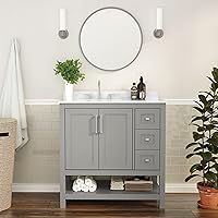 Flash Furniture Vega 36 Inch Bathroom Vanity with Sink, Storage Cabinet with Soft Close Doors, Open Shelf and 3 Drawers, Carrara Marble Finish Countertop, Gray/White