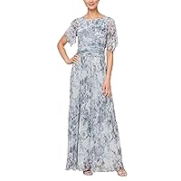 S.L. Fashions Women's Long Printed Dress with Ruched Waist and Cold Shoulder Sleeves (Petite and Regular Sizes)