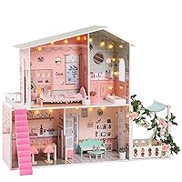 ROBUD Doll House, Wooden Dollhouse for Kids Toddler with Garden, Ladder, 25pcs Realistic Accessories, Gift for 3+ Years Old Girls Boys, Pink