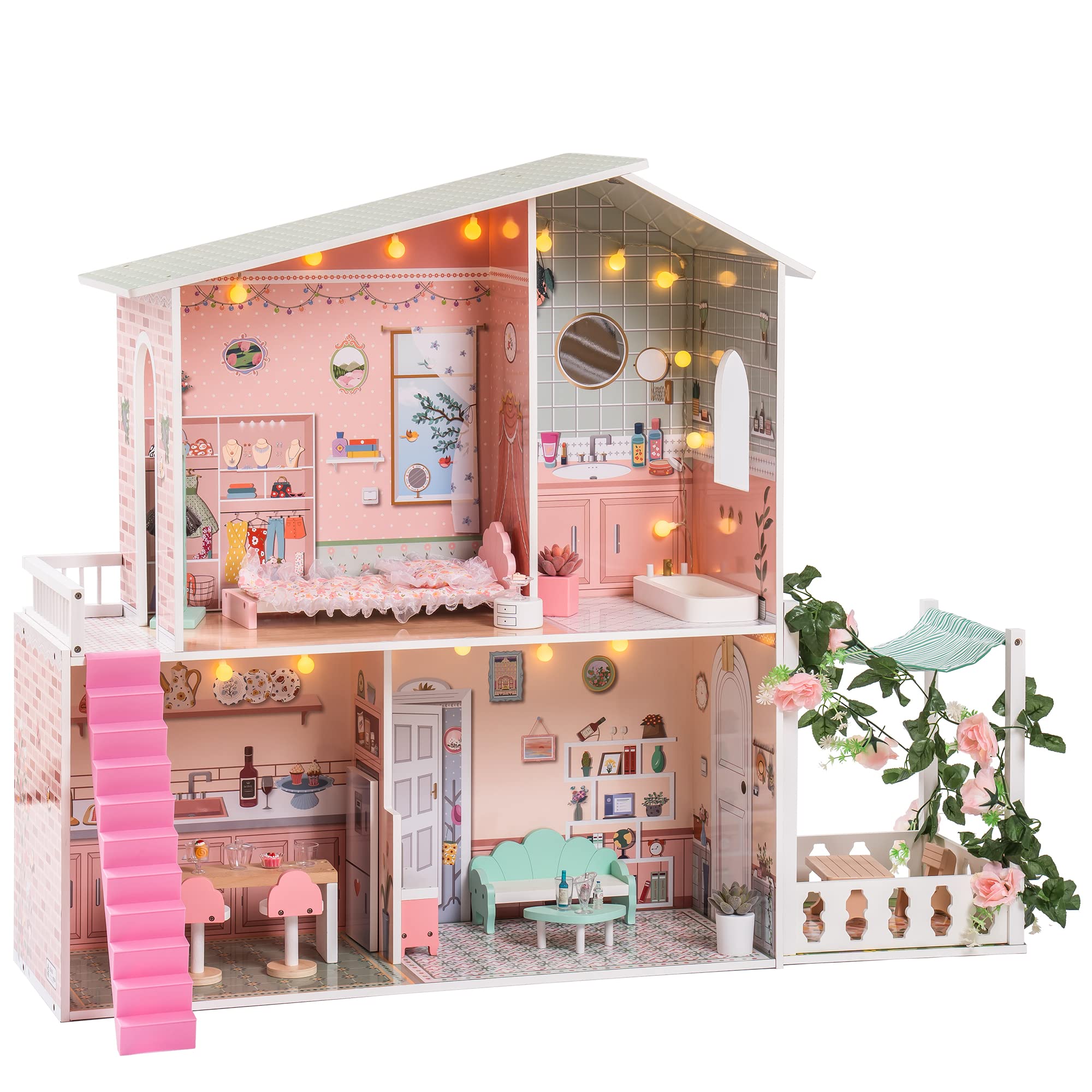 ROBUD Doll House, Wooden Dollhouse for Kids Toddler with Light, Garden, Ladder, 25pcs Realistic Accessories, Gift for 3+ Years Old Girls Boys, Pink