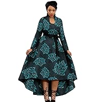 African Dresses for Women, Long Sleeves, Print Ruffles, Floor-Length Aline Formal Fashion Dress with Turban Headwrap