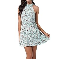 Womens Summer All Over Print Short Dress Halter Neck Sleeveless Ruffle Dresses