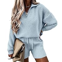 PRETTYGARDEN Women's 2 Piece Outfits 2024 Winter Long Sleeve V Neck Knit Pullover And Shorts Sweater Tracksuit Sets