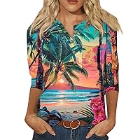 Business Casual Outfits for Women,3/4 Length Sleeve Womens Tops Vintage Print Button Top Graphic Tees for Women