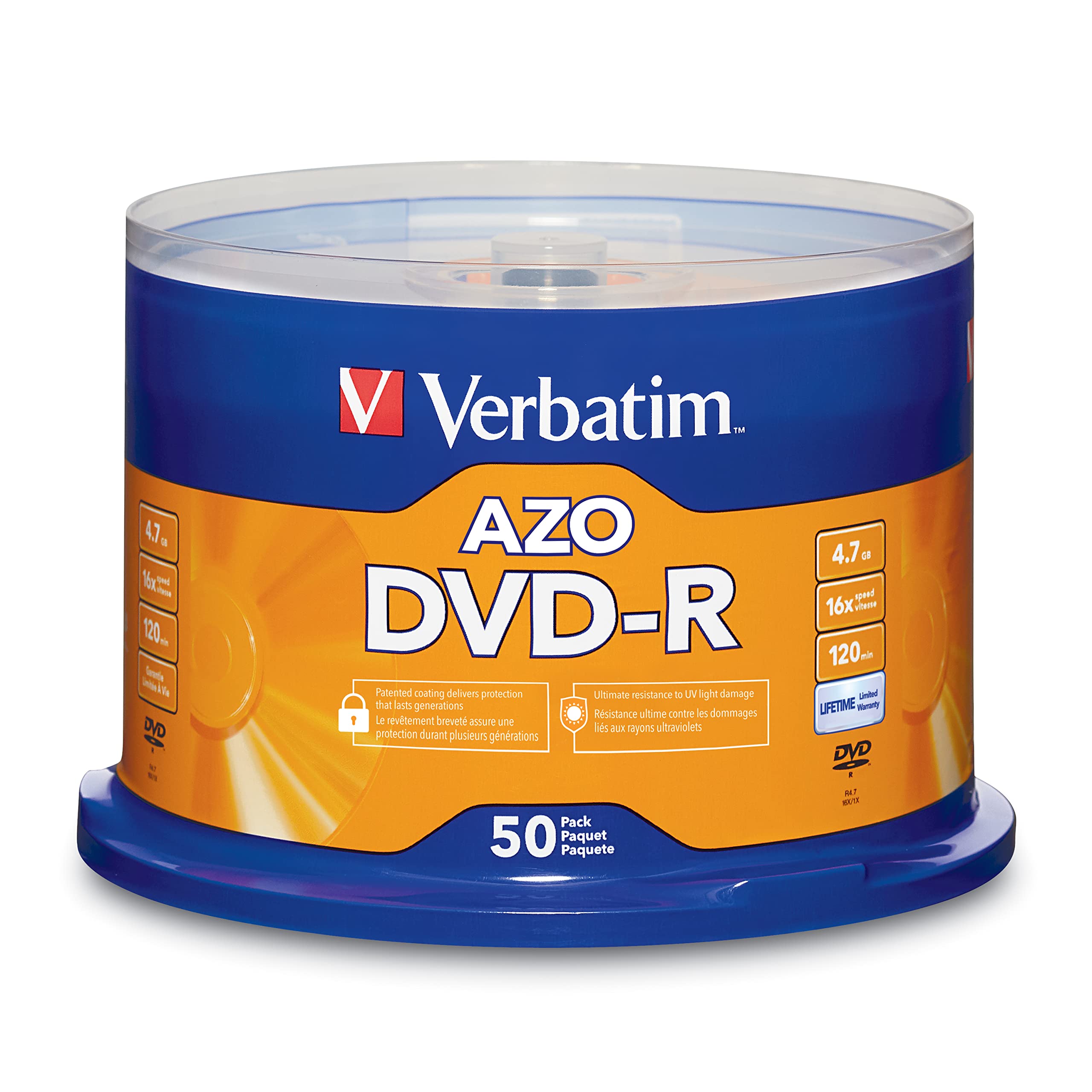 Verbatim DVD-R Blank Discs AZO Dye 4.7GB 16X Recordable Disc - 50 Pack Spindle,Silver
