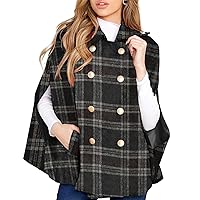 Womens Plaid Jacket Double Breasted Winter Cape Coats Turn Down Poncho with Pockets