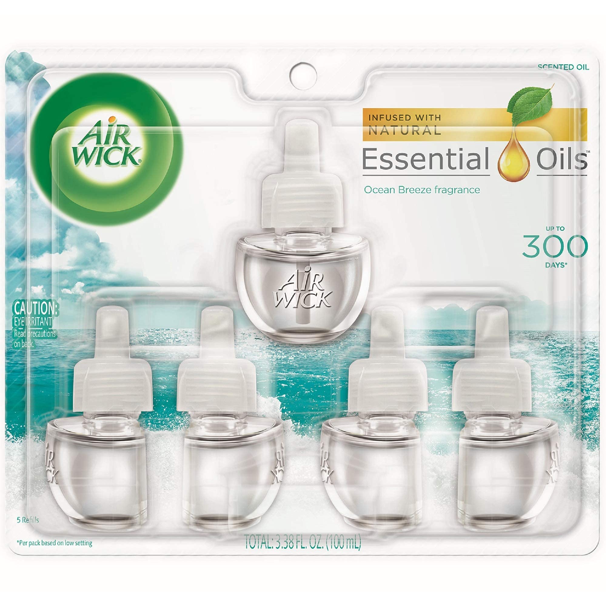 Air Wick plug in Scented Oil 5 Refills, Ocean Breeze, (0.67oz each), New look, Packaging May Vary, Essential Oils, Air Freshener, 5 Count (Pack of 1)
