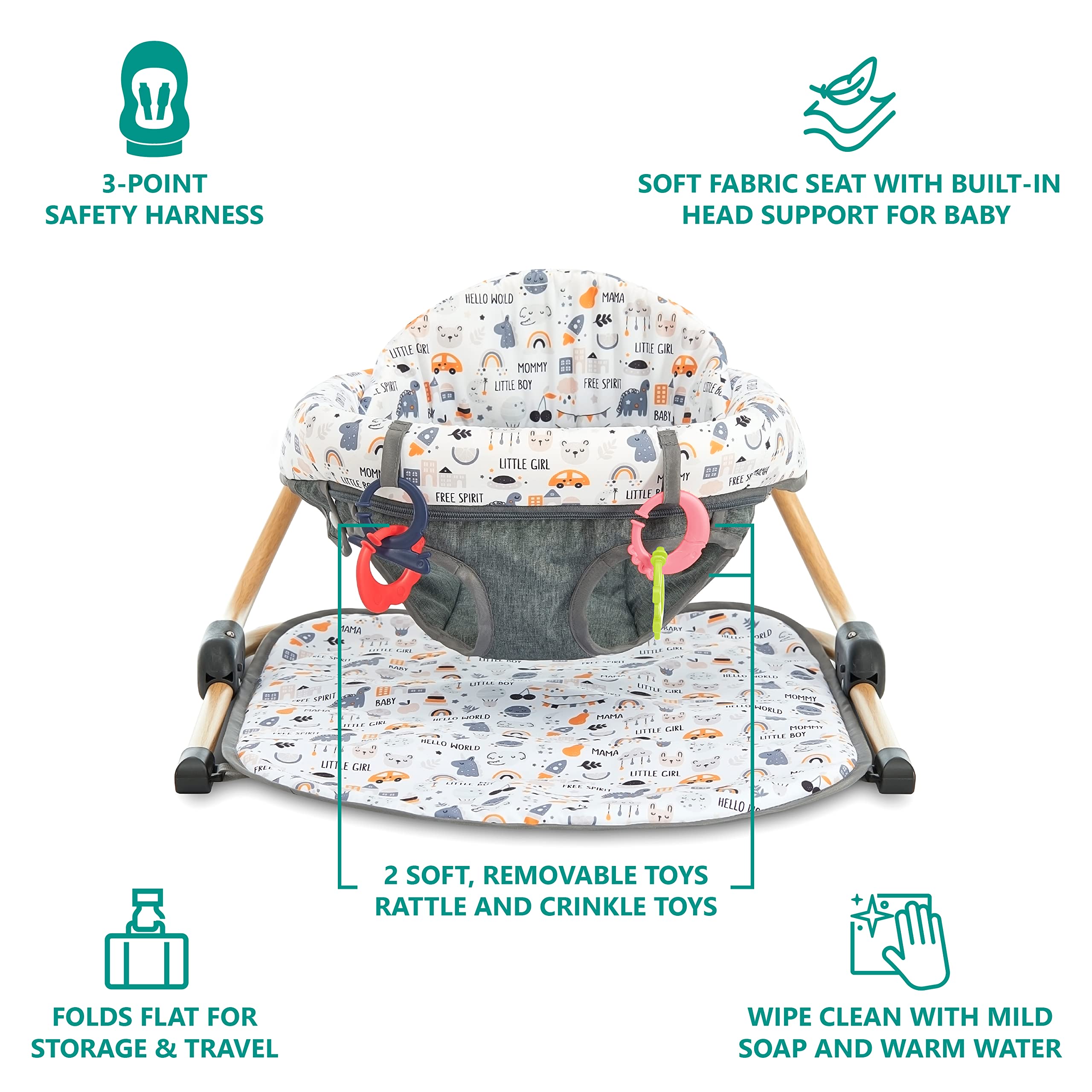 Dream On Me Snug N Play Floor Seat in Hello World, Baby Seat, Top-Notch Safety Features, Padded Baby Floor Seat, Waterproof Fabric, Folds Flat, Easy to Store and Transport