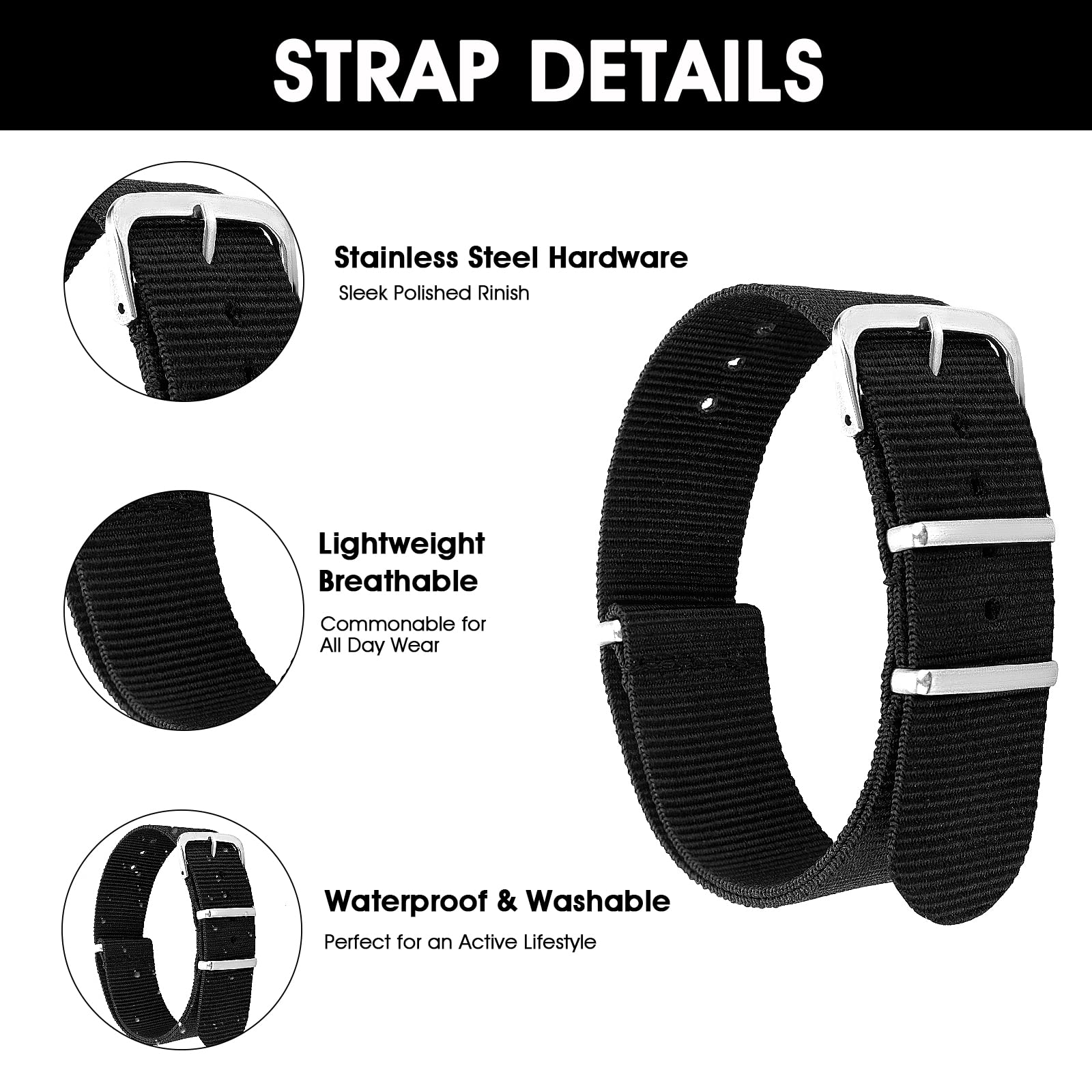 cobee Nylon Watch Straps, Straps for Men/Women Replacement Military 4 Rings Watch Bands Adjustable Wrist Straps with Silver Metal Buckle 18mm/20mm/22mm Lug Width