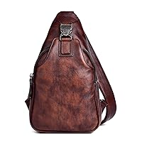 Men's Casual Daypack Genuine Leather Sling Chest Bag Crossbody Backpack with Headphone Hole for Travel Hiking