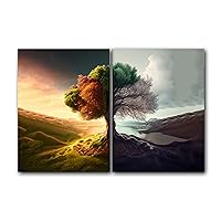 Tree in 2 Seasons, Style 2, Set of 2 Poster Prints, Wall Art Décor, Multiple Sizes (12 x 16 Inches)
