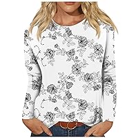 2024 Fashion Casual Women's Long Sleeve Tops Spring Crew Neck Blouses Lightweight Floral Printed T-Shirts