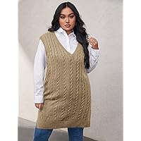 Casual Ladies Comfortable Plus Size Sweater Plus Cable Knit Deep -Neck Slit Hem Sweater Leisure Perfect Comfortable Eye-catching (Color : Khaki, Size : X-Large)