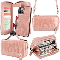 Harryshell Compatible with iPhone 12 Pro Max 6.7 inch Case Wallet Multi Zipper Detachable Magnetic Cover Clutch Purse with Card Slots Mirror Crossbody Chain Wrist Strap (Crocodile Skin Rose Gold)