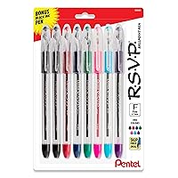 Pentel RSVP Original Ballpoint Pen, (0.7mm) Fine Line, Assorted Ink Colors, Clear Barrel, 8 Pack with Bonus Black Ink Pen