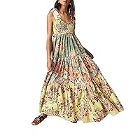 Women Y2k Floral Long Dress Sleeveless Tie Shoulder Flowy Smocked Maxi Dress Summer Boho Dress Holiday Sundress