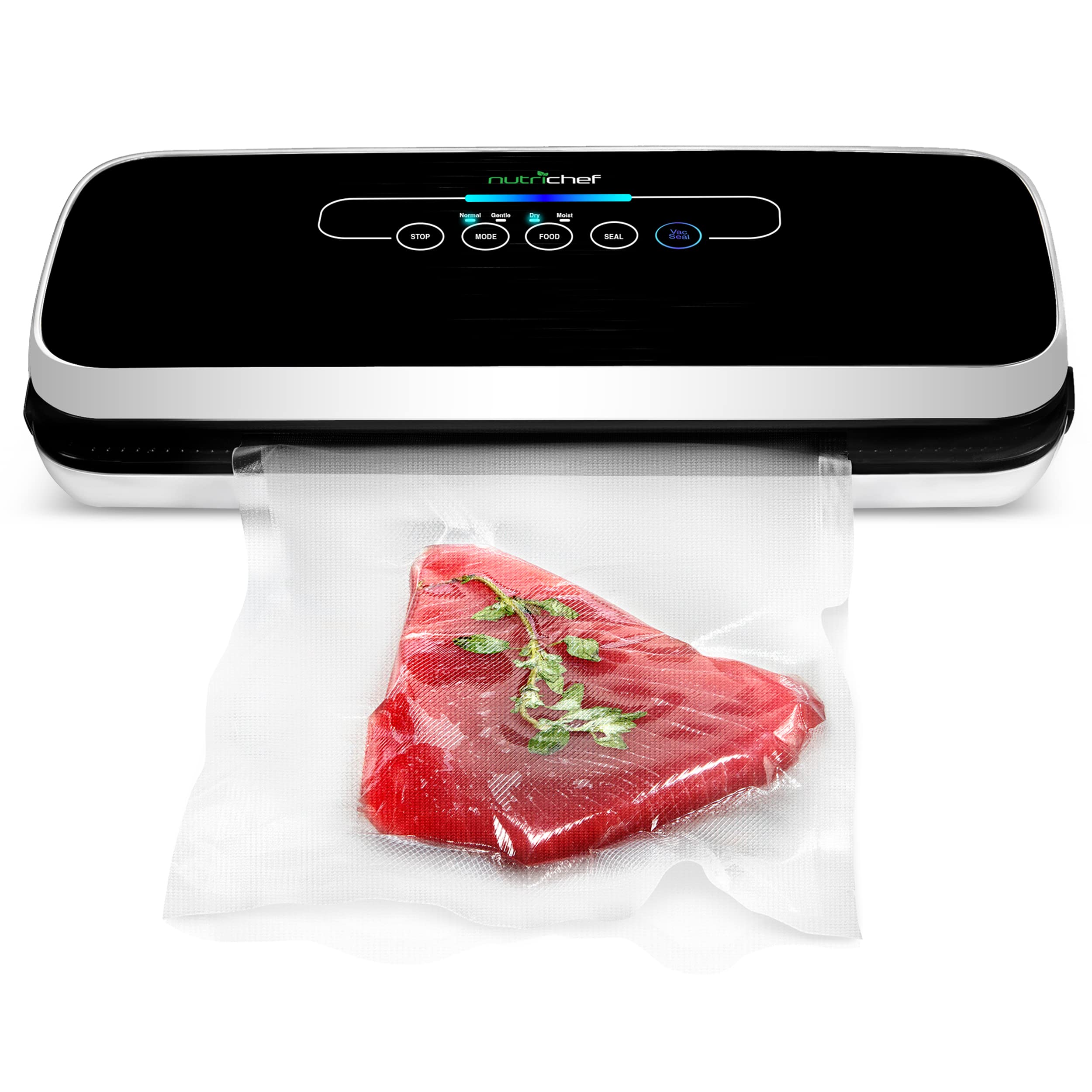 NutriChef Automatic Vacuum Air Sealing System Preservation with Starter Kit Compact Design, Lab Tested, Dry & Moist Food Modes with Led Indicator Lights, 12