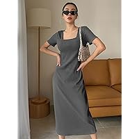 Women's Dress Dresses for Women Square Neck Rib-Knit Dress Dress (Color : Dark Grey, Size : XX-Large)
