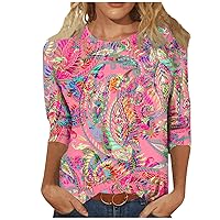 3/4 Length Sleeve Womens Tops,Womens Retro Floral Printed Crew Neck Shirts Loose Fit Spring Outfit Clothes 2024